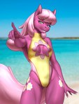 5_fingers anthro anthrofied beach blurred_background breasts butt butt_from_the_front cleavage_cutout clothing cutie_mark cutout eyebrows eyelashes female fingers gesture green_eyes hair hand_gesture medium_breasts one-piece_swimsuit outside pink_body pink_hair pointing seaside smile solo swimwear thigh_gap water mykegreywolf friendship_is_magic hasbro my_little_pony cheerilee_(mlp) earth_pony equid equine horse mammal pony 2024 3:4 absurd_res digital_media_(artwork) hi_res