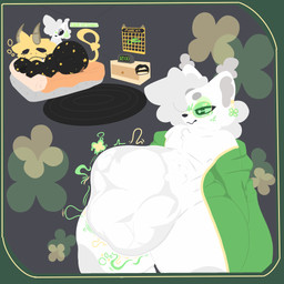 abdominal_bulge alarm_clock anthro black_nose blush blush_lines bodily_fluids body_outline calendar cheek_tuft clock clothing digestion digestion_noises dresser drooling duo ear_piercing eyeshadow eyewear facial_tuft fluffy fluffy_hair fur furniture glasses goggles green_clothing green_eyeshadow green_robe hair holidays hooves horn inner_ear_fluff loafing makeup male male/male mostly_nude onesie piercing prey_outline relaxed_expression robe robe_only rug saliva shamrock sleeping slightly_chubby smug_face spade_tail squirming swept_hair tail thick_thighs tuft unwilling_prey vore wide_hips yellow_body yellow_fur sushipaw st._patrick's_day byte_(sushipaw) canid canine imp mammal 1:1 hi_res