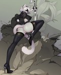 anthro big_breasts big_butt blindfold breasts butt clothing explosion female footwear high_heels looking_back low-angle_view melee_weapon shoes solo sword tail weapon dein-schatten nier_automata platinumgames yorha_2b felid feline lynx mammal hi_res