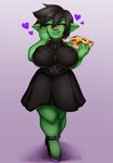 big_breasts black_hair breasts clothing dress facial_piercing female fishnet_clothing fishnet_legwear food green_body green_skin hair heart_symbol legwear nose_piercing nose_ring not_furry piercing pizza ring_piercing septum_piercing septum_ring solo guttybee goblin humanoid hi_res