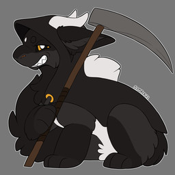 chibi cloak clothed clothed_feral clothing costume feral fur gloves_(marking) grey_body grin hood_up horn leg_markings markings melee_weapon outline polearm quadruped scythe side_view smile socks_(marking) solo weapon white_outline yellow_eyes symrea mythology death_(personification) grim_reaper dragon furred_dragon furred_scalie mythological_creature mythological_scalie scalie 1:1 digital_media_(artwork) full-length_portrait hi_res portrait signature