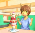 anthro brown_body brown_fur brown_hair cutlery dessert food fur hair holding_object holding_spoon ice_cream kitchen_utensils male open_mouth solo spoon tools young young_anthro sfh pocky canid canine fox mammal