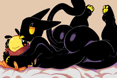 anthro bed_sheet bedding big_butt black_body butt female half-closed_eyes lying narrowed_eyes on_front pawpads plushie solo tongue tongue_out hanaarts arthropod bee domestic_cat felid feline felis hymenopteran insect mammal