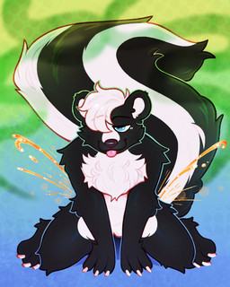 claws hair hair_over_eye male skunk_spray skunk_tail solo stink_fumes stink_lines tongue tongue_out crownedvictory mammal mephitid skunk 2025 absurd_res hi_res tagme