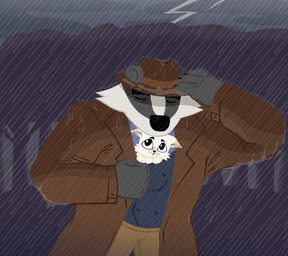 anthro black_body black_nose bottomwear clothing duo eyes_closed hat headgear headwear male night outside pants raining shirt topwear white_body young bencomedion beastly_crimes beastly_crimes_(2024) badgercat chief_badger badger domestic_cat felid feline felis mammal mustelid musteline 2025 hi_res