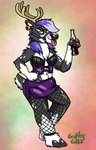 anthro antlers breasts bridle clothing female fishnet_clothing fishnet_legwear hair hooves horn legwear purple_hair solo standing gothycollie deer mammal new_world_deer reindeer 2021 digital_media_(artwork) hi_res