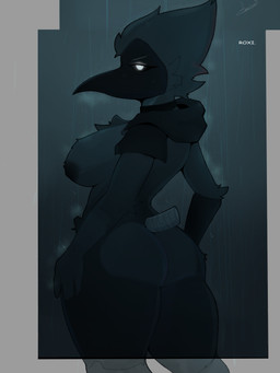 anthro beak big_butt black_beak black_body black_sclera breasts butt female nipples non-mammal_breasts non-mammal_nipples raining solo text white_eyes 1danielscott cuervo roxy_(1danielscott) avian bird corvid corvus_(genus) oscine passerine raven 3:4 absurd_res hi_res