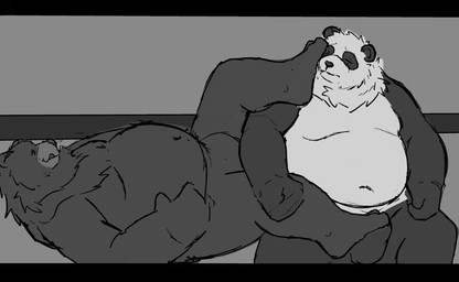 anthro belly black_body black_fur duo erection eyes_closed feet foot_fetish foot_on_crotch foot_on_face foot_on_penis foot_play fur genitals kemono lying male male/male moobs navel overweight overweight_male penis sitting teasing white_body white_fur moka3180 mihoyo zenless_zone_zero ben_bigger pan_yinhu bear giant_panda mammal thiren 2025 hi_res monochrome
