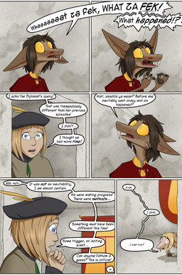 anthro blonde_hair blue_eyes brown_hair clothing dialogue eyewear female glasses group hair hat headgear headwear house_ivenmoth_uniform male pink_eyes text trio unsigned yellow_eyes valsalia out-of-placers kassen_akoll lopin ran_ste-su_g'mindel human mammal yinglet comic english_description english_text hi_res letterbox