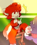 animal_genitalia animal_penis bindings bodily_fluids bound bulge canine_genitalia canine_penis chair cum cum_drip dripping duo enjoying feet foot_fetish foot_focus foot_lick foot_play fur furniture genital_fluids genitals hands_tied hindpaw legs_tied licking looking_pleasured male male/male on_chair pawpads paws penis pink_pawpads purple_body red_body red_ear red_eyes red_fur rope shocked shota shy sitting sitting_on_chair tongue white_body white_feet white_hand young daimengxiaoyan xiaoyan canid canine fox humanoid mammal hi_res