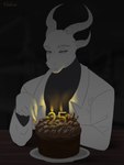 anthro birthday cake candle clothing coat dessert eyebrows food grey_eyebrows grey_eyes grey_horn horn lab_coat looking_down male muscular muscular_male sad sitting solo sweater topwear turtleneck white_body valeris mythology saren_(saren662) dragon mythological_creature mythological_scalie scalie 2025 absurd_res hi_res