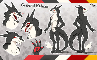 4_fingers anthro black_body black_fur claws feet fingers fur heart_symbol looking_at_viewer male multicolored_body nude open_mouth pawpads paws red_eyes red_tongue simple_background smile solo standing tail teeth text toes tongue tongue_out tuft white_body white_fur yellow_eyes rilyam_(artist) mammal sergal 16:10 model_sheet widescreen