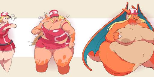 after_transformation anthro areola belly belly_expansion belly_overhang belt big_breasts blonde_hair blue_eyes breast_expansion breast_squish breasts brown_areola claws cleavage clothed clothing countershade_scales countershade_torso countershading deep_navel expansion eyebrows eyelashes eyes_closed female growth hair hand_on_breast hat hat_only headgear headgear_only headwear headwear_only hip_expansion huge_hips huge_thighs human_to_anthro linear_sequence mature_female membrane_(anatomy) membranous_wings mostly_nude navel navel_outline nipples obese obese_anthro obese_female open_mouth orange_body orange_scales overweight overweight_anthro overweight_female question_mark red_unitard scales sharp_teeth shirt snout solo species_transformation squish standing tail tail_growth tan_body tan_countershading tan_scales tan_skin teeth thick_thighs thigh_expansion three_frame_image tight_clothing topwear torn_clothing transformation transformation_sequence weight_gain white_clothing white_shirt white_topwear wide_hips wing_growth wings bee-unit nintendo pokemon charizard generation_1_pokemon human mammal pokemon_(species) hi_res sequence