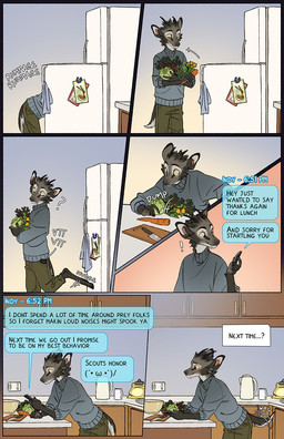 anthro appliance barefoot biped blush bowl brown_eyes cabbage cabinet carrot cellphone closed_smile clothed clothed_anthro clothing container cup cutting_board electronics feet food fridge fur grey_body grey_fur head_tuft holding_cellphone holding_object holding_phone holding_smartphone inner_monologue kaomoji kettle kitchen kitchen_appliance kitchen_counter knife light_blush looking_at_cellphone looking_at_object looking_at_phone male message_box mouth_closed mug phone plant pointy_ears prick_ears smartphone smile snout solo tail tail_motion tailwag text text_box text_message thinking tuft tusks vegetable yellow_sclera falco_works pen_(falco_works) cervine deer mammal tufted_deer 2024 comic digital_media_(artwork) english_text hi_res