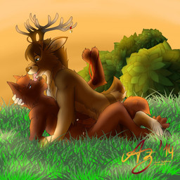 4_toes anthro antlers blue_eyes bodily_fluids brown_body brown_fur brown_hair caressing claws clothing curling_toes duo erection face_lick feet fluffy fluffy_tail from_front_position frottage fur genital_fluids genitals grass green_eyes hair half-closed_eyes hand_on_head hooves horn interspecies intimate kissing licking looking_down looking_up love lying male male/male meadow missionary_position narrowed_eyes nature nude on_back open_mouth paws penile penis penises_touching plant precum raised_leg romantic romantic_ambiance romantic_couple sex shrub side_view sunset tail tan_body tan_fur thong toe_claws toes tongue tongue_out underwear azaleesh kruemelmonster_(character) spark_darkshadow_(character) canid canine canis deer mammal wolf 1:1 2014 digital_media_(artwork) hi_res signature watermark