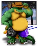 anthro banana belly big_belly clothing food fruit hat headgear headwear male overweight overweight_anthro overweight_male plant smile solo straw_hat swimming_trunks swimwear tropical timberwolfmax cody_goldberg alligator alligatorid crocodile crocodilian reptile scalie