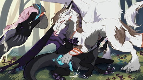 animal_genitalia anus balls black_body blue_anus blue_penis blue_tongue bodily_fluids brown_body claws cum cum_in_mouth cum_inside cum_on_ground detailed_background duo erection fellatio feral feral_on_feral feral_penetrated feral_penetrating feral_penetrating_feral forked_tongue fur genital_fluids genital_slit genitals grass grey_body handjob horn leaking_cum lying male male/male male_feral male_penetrated male_penetrating male_penetrating_male narrowed_eyes non-mammal_balls on_side oral oral_penetration orange_eyes outside outside_sex penetration penile penis penis_in_mouth pink_penis pink_tongue plant purple_body purple_eyes sex sharp_teeth tail teeth tongue tongue_out tree white_body wings owishka mythology dragon furred_dragon furred_scalie mythological_creature mythological_scalie scalie hi_res