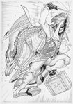 ambiguous_gender anthro clothed clothing duo fangs feral fire flying hooves horn jumping magic male sharp_teeth suitcase teeth topwear vest wand conditional_dnp loupgarou mythology dakota_(dark_stallion) dragon equid equine horse mammal mythological_creature mythological_scalie scalie 2020 hi_res monochrome