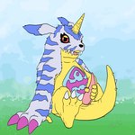 animal_skin anthro claws cloacal_penis genitals horn looking_at_viewer male markings masturbation open_mouth penis red_eyes seminal_groove solo sulcus sulcus_spermaticus yellow_body p.v.su bandai_namco digimon digimon_(species) gabumon reptile scalie animated hi_res