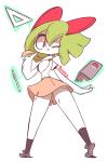 2:3 blush bottomwear clothed clothing diives eyelashes female footwear generation_3_pokemon green_hair hair humanoid kirlia legwear lia_(diives) nintendo not_furry notebook one_eye_closed pen pokemon pokemon_(species) pokemorph red_eyes shirt shoes simple_background skirt socks solo standing topwear white_background wink