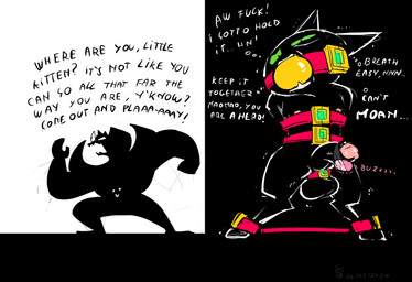 ball_gag balls bdsm black_body black_fur bondage bound dialogue digitigrade duo egg_vibrator enhibitionism erection fur gag genitals green_eyes hiding male nipples penile penis resisting_orgasm restraints sex_toy spreader_bar stealth_masturbation text vibrator vibrator_on_penis oddjuice cartoon_network mao_mao:_heroes_of_pure_heart coby_(mao_mao) orangusnake sheriff_mao_mao_mao tanner_(mao_mao) domestic_cat felid feline felis mammal english_text hi_res