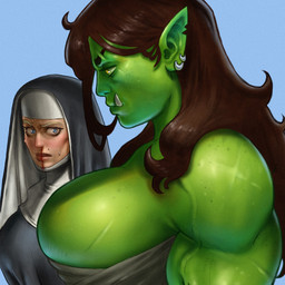 big_breasts blood blue_eyes bodily_fluids breasts brown_hair deltoids duo ear_piercing female green_body green_skin hair humanoid_pointy_ears looking_at_breasts muscular muscular_female nosebleed not_furry notched_ear nun piercing pointy_ears scar tusks vein justsomenoob girl_staring_at_man's_chest human humanoid mammal orc 1:1 2021 hi_res meme