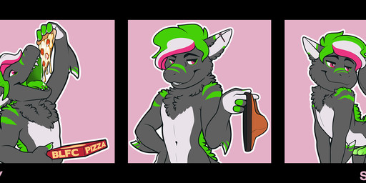 anthro arched_back black_clothing blfc_pizza box clothing container ear_piercing erection food fur genitals green_body green_ears green_fur green_hair green_penis green_tail green_tongue grey_body grey_ears grey_fur grey_inner_ear grey_tail hair holding_clothing holding_food holding_object holding_pizza holding_underwear male multi_genitalia multi_penis multicolored_clothing multicolored_ears multicolored_hair nude open_mouth orange_clothing penis piercing pink_eyes pizza pizza_box smile solo tail teeth text tongue tongue_piercing two_tone_clothing underwear shiuk fioryfox canid canine fish fox hybrid mammal marine shark 2021 hi_res url