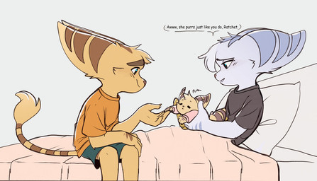 anthro baby bed bottomwear clothed clothed_female clothed_male clothing dialogue female fur furniture group hair male markings pillow pink_nose purring ring_(marking) ringed_tail shirt shorts striped_markings striped_tail stripes tail tail_markings tail_tuft text thin_tail topwear trio tuft white_body white_fur white_hair yellow_body yellow_fur young time_fluffy500 ratchet_and_clank sony_corporation sony_interactive_entertainment alioth_(time_fluffy500) ratchet_(ratchet_and_clank) rivet_(ratchet_and_clank) lombax mammal english_text hi_res