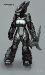 anthro armor female glowing glowing_eyes machine power_armor simple_background solo vectorconflict amber_(character) fish marine requiem_shark shark tiger_shark hi_res