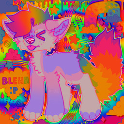 >_< ambiguous_gender blep eyes_closed feral fur hair multicolored_hair pink_body pink_fur psychedelic purple_body purple_fur rainbow_background rainbow_hair rainbow_theme simple_background solo sparklefur tongue tongue_out m1ss1ngtexture canid canine canis domestic_dog mammal 2023 colorful_theme full-length_portrait hi_res portrait