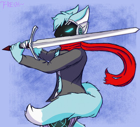 anthro blue_body blue_fur fur machine male melee_weapon scarf simple_background solo sword text weapon freshdacat kenny_(hyperbirdy) protogen absurd_res english_text hi_res