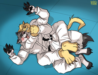 anthro arm_around_neck arms_around_another arms_around_partner aroused aroused_by_another aroused_face aroused_male aroused_smile asphyxiation barazoku barefoot belt big_bulge black_belt black_clothing bodily_fluids bottomwear brazilian_jiu-jitsu bulge bulge_fondling bulge_rubbing chokehold choking claws clothing competition cum cum_in_clothing cum_in_pants cum_through_clothing cum_through_pants cumshot defeat defeated detailed_bulge dominant dominant_anthro dominant_male domination/submission duo ejaculation erection erection_under_bottomwear erection_under_clothing erection_under_pants feet feet_on_bulge foot_fetish foot_on_bulge foot_on_crotch foot_play footjob footjob_through_clothing fur genital_fluids genital_outline grabbing_another grabbing_from_behind grabbing_partner grappling grey_body grey_fur grin grinning_at_partner headlock holding_another holding_from_behind holding_partner karate karate_belt karate_pants keikogi legs_around legs_around_legs legs_around_partner legs_around_waist looking_at_another looking_at_partner looking_pleasured lying lying_on_ground male male/male manhandling manly martial_art_pants martial_artist martial_arts martial_arts_dojo martial_arts_uniform muscular muscular_anthro muscular_male on_back on_ground pants pawpads penis_outline roughhousing secretly_loves_it sex sexual_competition shirt sleeper_hold smile smirk smirking_at_another smirking_at_partner sportswear submissive submissive_anthro submissive_male tail taunting taunting_partner teasing teasing_partner teasing_with_feet tenting tongue tongue_hanging_out tongue_out topwear wet wet_clothing white_bottomwear white_clothing white_pants white_shirt white_topwear wrestling wrestling_match yellow_body yellow_fur rthur hanna-barbera swat_kats chance_furlong kyash-tyur canid canine canis domestic_cat felid feline felis mammal wolf hi_res
