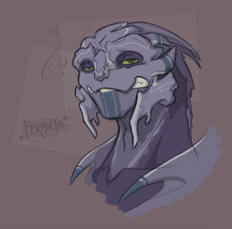 blue_markings drunk green_eyes green_sclera grin half-closed_eyes looking_at_viewer markings narrowed_eyes no_pupils purple_body red_background simple_background smile solo substance_intoxication toony white_markings raiyk bioware electronic_arts mass_effect fan_character loganhen alien turian 2015 bust_portrait colored digital_media_(artwork) portrait shaded signature