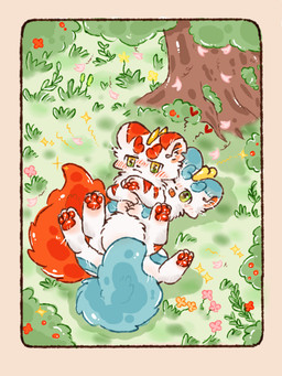 ambiguous_gender blue_body blue_fur blush detailed_background duo feral fluffy fluffy_tail fur grass green_eyes horn inner_ear_fluff lying multicolored_body multicolored_fur on_another on_back pawpads paws plant red_body red_fur spread_legs spreading tail tree tuft two_tone_body two_tone_fur white_body white_fur yizhixaomengji asian_mythology chinese_mythology east_asian_mythology fabulous_beasts fenz_(studio) mythology bixie_(fabulous_beasts) tianlu_(fabulous_beasts) pixiu 3:4 absurd_res colored comic hi_res textless brother_(lore) brothers_(lore) sibling_(lore)