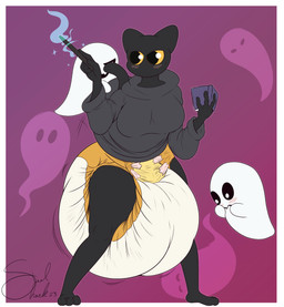 anthro big_diaper blush book breasts clothed clothing clothing_lift diaper embarrassed feces female group holidays magic magic_wand raised_tail robe shirt shirt_lift soiled_diaper soiling standing tail topwear unclean_diaper used_diaper steelshark google google_doodle halloween magic_cat_academy momo_(google) domestic_cat felid feline felis ghost mammal spirit absurd_res hi_res