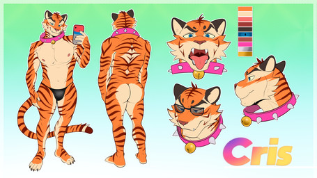 anthro big_butt blue_eyes briefs butt cellphone clothing collar countershade_fur countershade_torso countershading electronics eyewear fangs fur male nipples open_mouth pecs phone pink_collar simple_background solo spiked_collar spikes standing striped_body striped_fur stripes sunglasses tail teeth text thong tongue underwear zourik cris_(zourik) felid mammal pantherine tiger 16:9 absurd_res hi_res model_sheet widescreen