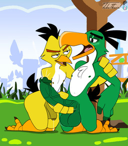 anthro balls bodily_fluids duo feathers genital_fluids genitals green_body green_feathers handjob humanoid_genitalia humanoid_penis male male/male muscular muscular_male nipples penile penis plant precum sex tree vein veiny_penis yellow_body yellow_feathers johnithanial angry_birds rovio_entertainment sega chuck_(angry_birds) hal_(angry_birds) avian bird canary finch oscine passerine pig_(angry_birds) toucan