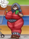 anthro big_breasts breasts clothing creepy dress female glowing glowing_eyes grocery_shopping grocery_store hooded pattern_clothing pattern_dress roma shopping_cart short_stack solo stare store wide_hips oystercatcher7 zela mammal procyonid raccoon 3:4 hi_res