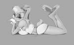 16:10 3_toes anthro big_feet biped breasts clothing feet female gloves greyscale handwear lagomorph leporid lola_bunny looking_at_viewer looney_tunes lying mammal monochrome on_front rabbit simple_background soles solo toes warner_brothers white-devil widescreen