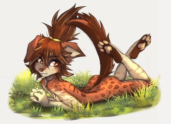 4_toes anthro breasts butt claws feet female female_anthro fur grass hair kemono looking_at_viewer lying multicolored_body multicolored_fur nude on_front pawpads paws plant plantigrade small_breasts soles solo tail toe_claws toes tinygaypirate felid mammal species_request 2023 absurd_res character_request digital_media_(artwork) hi_res