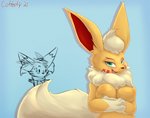 anthro breasts clothing duo female green_eyes holding_breast nipple_outline nipples open_mouth scarf simple_background topwear vest coffeefly nintendo pokemon cafe_(coffeefly) braixen eeveelution flareon generation_1_pokemon generation_6_pokemon pokemon_(species) shiny_pokemon 2021 hi_res