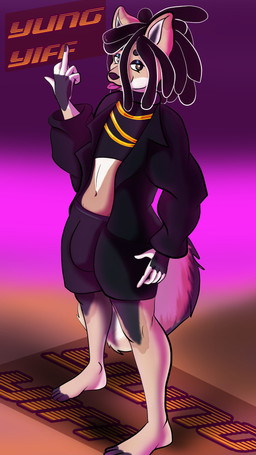 anthro black_coded bulge clothing colored_nails dreadlocks eyeshadow femboy gesture gradient_background hand_gesture jewelry makeup male middle_finger nails simple_background solo text tongue tongue_out jackiepancoon devin_(yungyiff) canid canine canis domestic_dog german_shepherd herding_dog mammal pastoral_dog 9:16 hi_res shaded