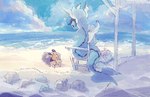 ambiguous_gender beach blue_body blue_eyes blue_skin chair detailed_background duo feral furniture looking_at_another open_mouth orange_body sea shell water yura_inaho nintendo pokemon arthropod crustacean dwebble eeveelution generation_1_pokemon generation_5_pokemon pokemon_(species) vaporeon 2020