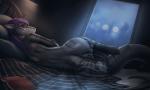 anthro bed book bottomwear bottomwear_down butt clothed clothing female furniture hair inside lying on_side pants pants_down partially_clothed ponytail purple_hair raining solo stripes tail wide_hips window rakisha rakisha_(character) fish marine shark 2017 2d_animation animated hi_res short_playtime subtle_animation