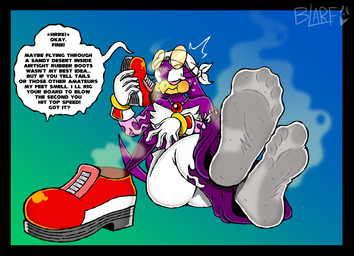 5_toes anthro bodily_fluids clothing dialogue disgust feathers feet female foot_focus footwear gloves handwear holding_clothing holding_footwear holding_object holding_shoes humanoid_feet kerchief musk plantigrade purple_body purple_feathers shoes shoes_removed sitting sitting_on_ground smelly smelly_feet smelly_socks socks soles solo stink_fumes sweat sweatdrop sweaty_feet text toes blarf022 sega sonic_riders sonic_the_hedgehog_(series) wave_the_swallow avian bird hirundinid oscine passerine swallow_(bird) 2026 absurd_res english_text hi_res