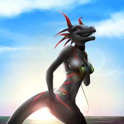 anthro beach bikini black_nipples breasts claws clothed clothing cloud collar female hand_on_breast horn legwear looking_at_viewer markings navel nipple_piercing nipples non-mammal_breasts non-mammal_nipples open_mouth outside piercing red_eyes seaside skimpy sky smile solo stockings sunset swimwear tail teeth two-piece_swimsuit wardrobe_malfunction doktor-savage mythology savage_(doktor-savage) dragon mythological_creature mythological_scalie scalie 1:1 2014 hi_res