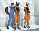 ankle_cuffs anthro balls bdsm blush bodily_fluids bodysuit bottomwear brown_body brown_fur chain chastity_cage chastity_device clothing collar criminal cuff_(restraint) digitigrade dripping fur genital_fluids genitals gloves group hair handwear highlights_(coloring) latex latex_bodysuit latex_clothing latex_gloves latex_handwear latex_skinsuit male mask medical_gloves mugshot muzzle_(object) muzzled padlocked_collar pants penis pink_hair pink_highlights precum precum_drip prison_uniform prisoner restraints shirt skinsuit standing submissive submissive_anthro submissive_male tan_body tan_fur tight_clothing topwear trio 100racs chip_(summerlong) lin_(100racs) rocky_(ralanr) hyena mammal procyonid raccoon hi_res