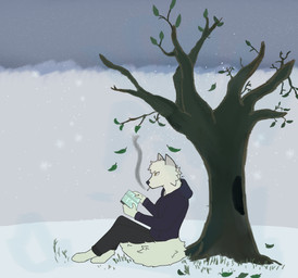 anthro book bottomwear cigarette clothing cloud grass hoodie leaf male pants paws plant reading smoking snow snowing solo text topwear tree killercanid simon_(killercanid) canid canine canis domestic_dog mammal spitz yakutian_laika absurd_res hi_res