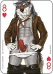 2018 animal_genitalia animal_penis anthro antlers ball balls belt biped bottomwear canid canine canine_genitalia canine_penis canis card card_template clothed clothing copyright_symbol digital_media_(artwork) eight_of_hearts english_text erection fonyaa fur genitals hair heart_symbol hearts_(suit) horn jacket knot male mammal multicolored_body multicolored_fur muscular muscular_anthro muscular_male necktie opa_wulfen panties pants pecs penis playing_card playing_card_template professor scar shirt simple_background smile solo standing symbol text topwear underwear white_body white_fur wolf