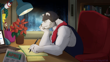 anthro computer electronics fur laptop male muscular muscular_anthro solo white_body white_fur migart89 epic_games fortnite lofi_girl bear mammal polar_bear ursine 16:9 digital_media_(artwork) hi_res widescreen